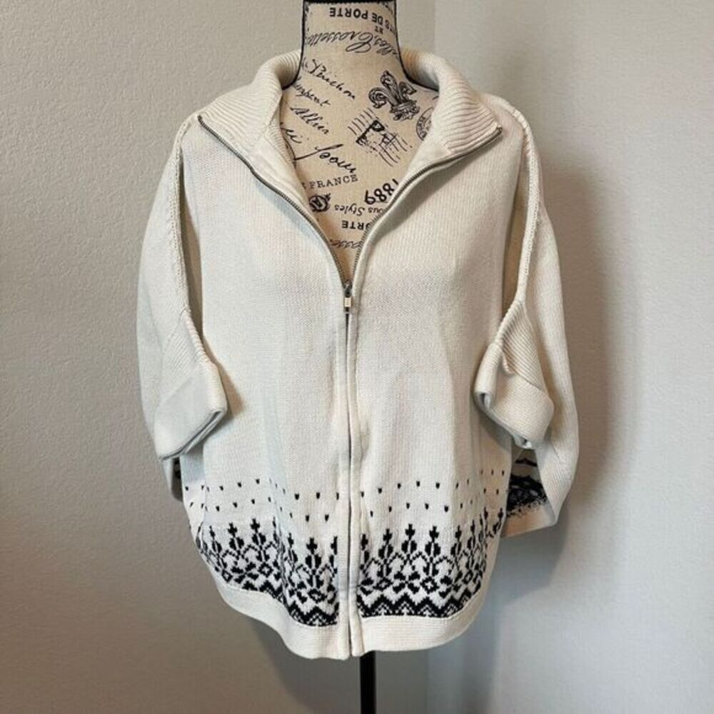 Talbots Poncho Sweater Womens MIvory Full Zip Knit Cotton Geomteric nordic style